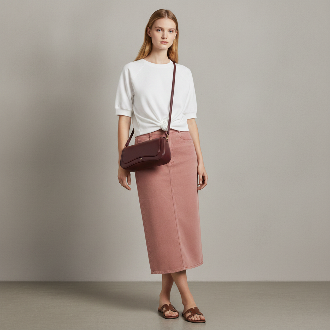 Knotted Short Sleeve Sweatshirt + STRETCH COLORED DENIM SKIRT + Vegan-Leather Flip Flops + Joy Shoulder Bag
