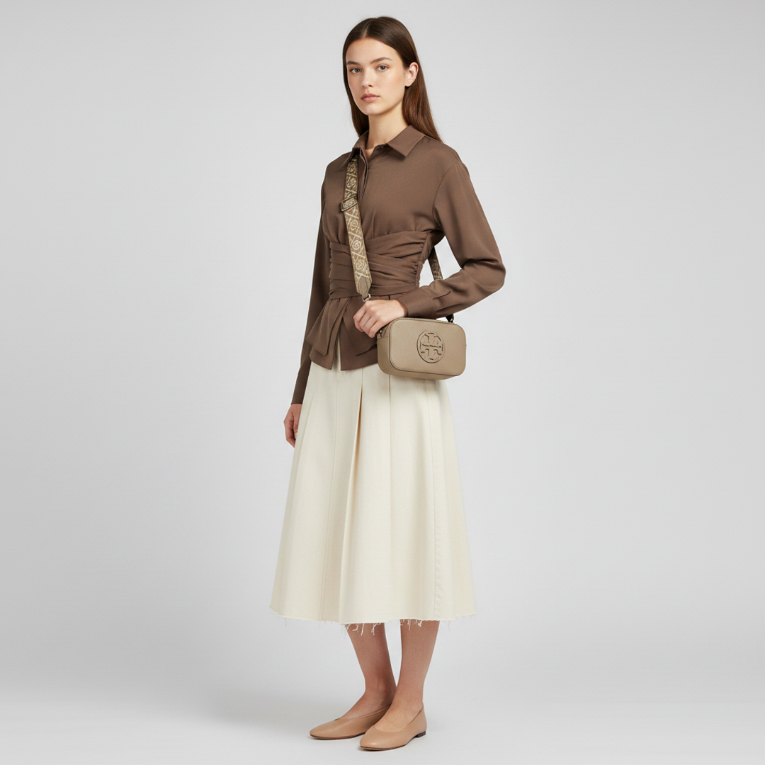 Collar Wrap Ruched Bowknot + Cotton-blend Mid Rise Pleated + Tory Burch Mini Miller