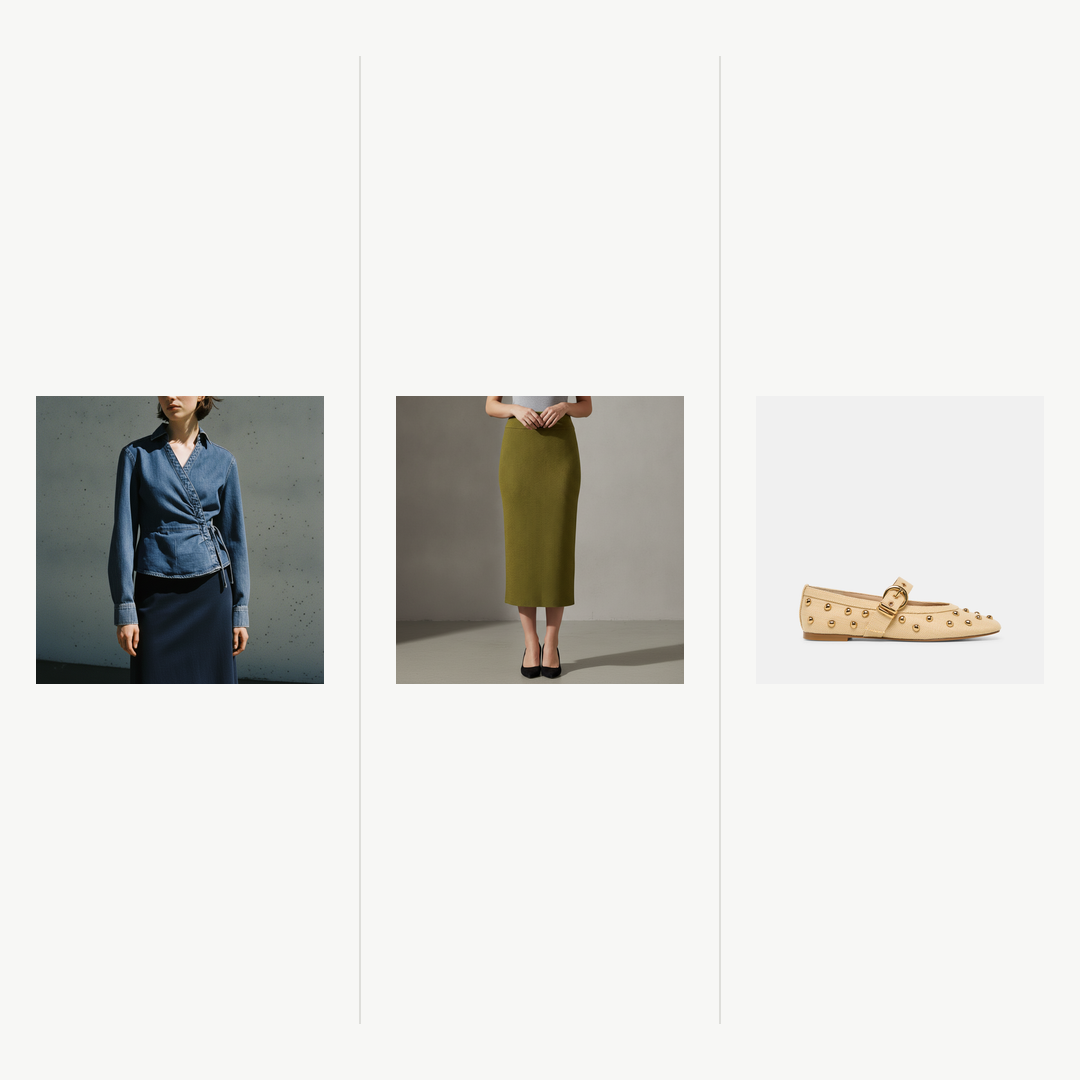 Denim Wrap Shirt + Vrtige Long A-Line Maxi + Mikel Stud Ballet Flats