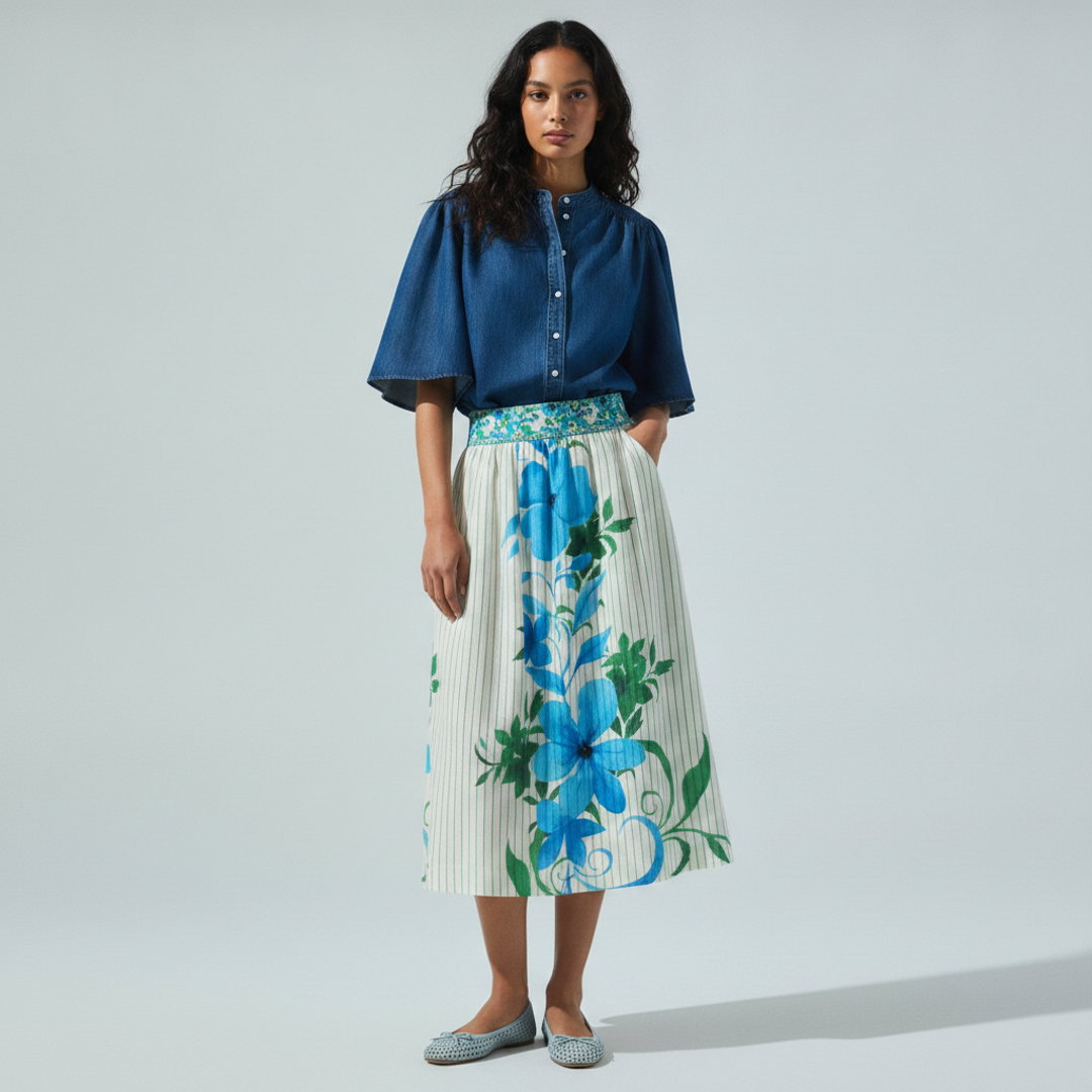 Denim Blouse + Midi Skirt + Elstree Perforated Ballet Flat