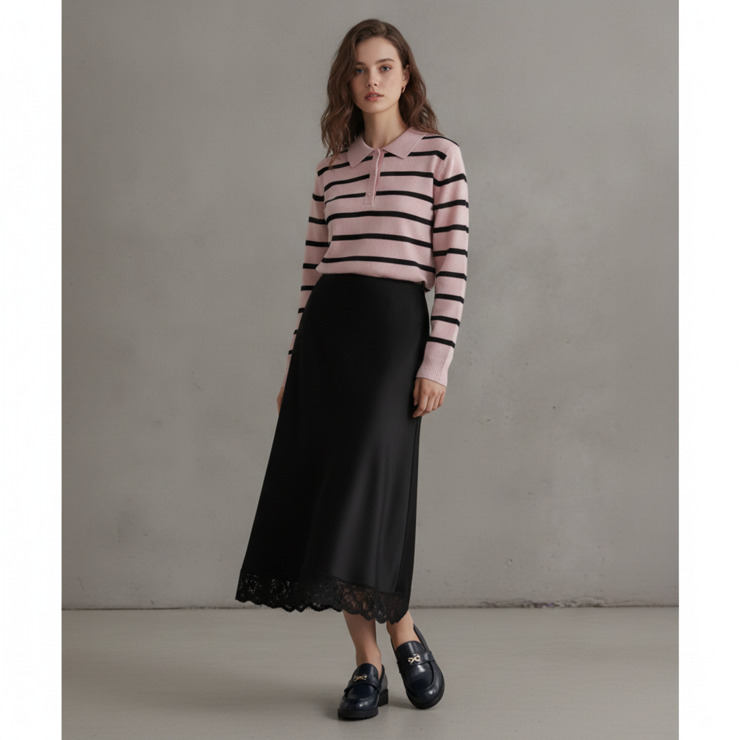 Leyajedol Satin Lace-Trim Half + ONLY striped knit polo + Lauve Navy Chunky Bow