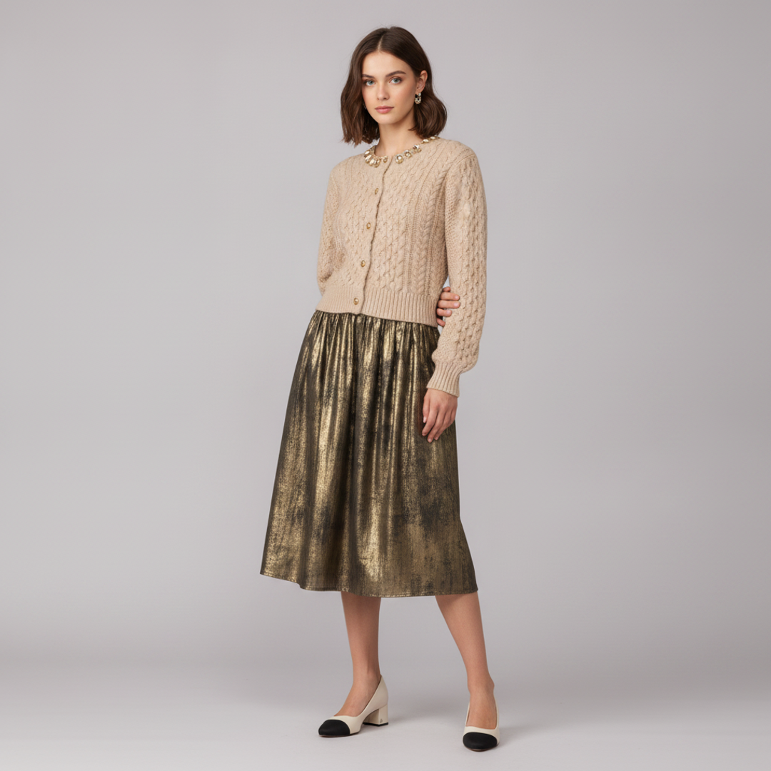 Cathryn Embellished Cable Knit + Metallic Midi Skirt + Gabby Block Heel Pump