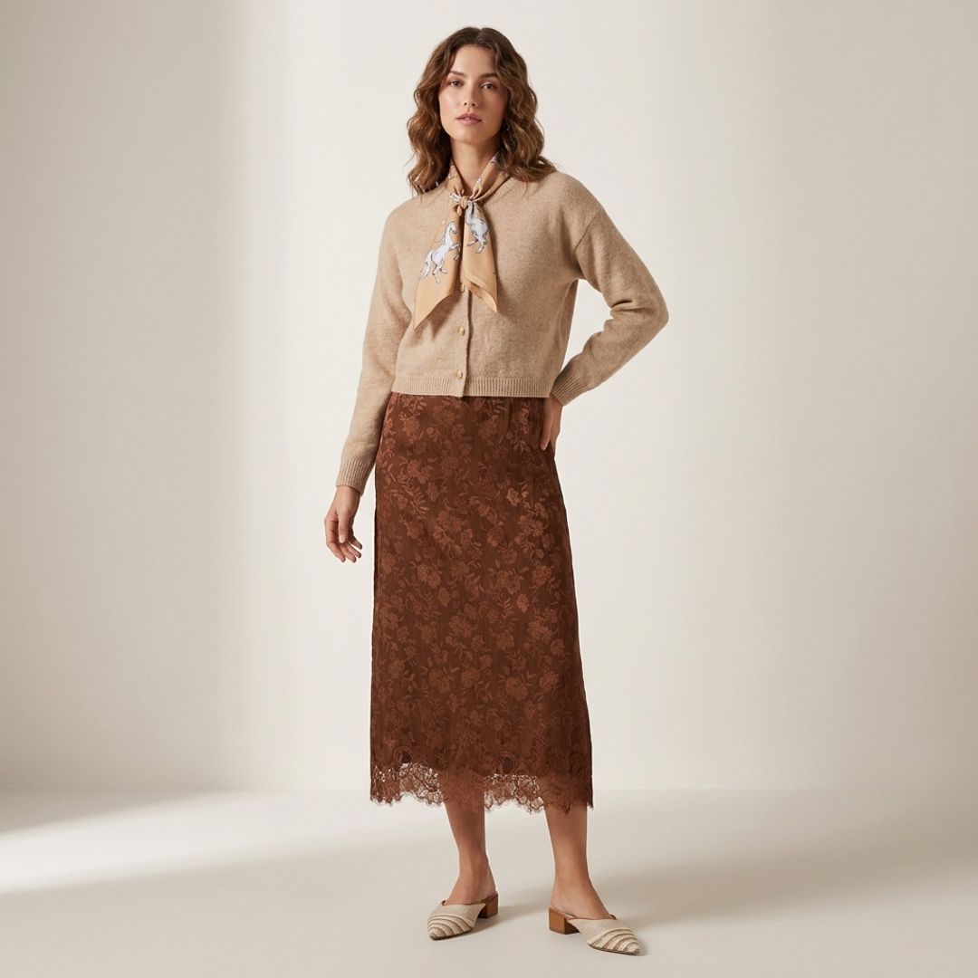 Pony Club Cardigan + Lace-Trimmed Brocade Dress + Sarto Bennet Mule
