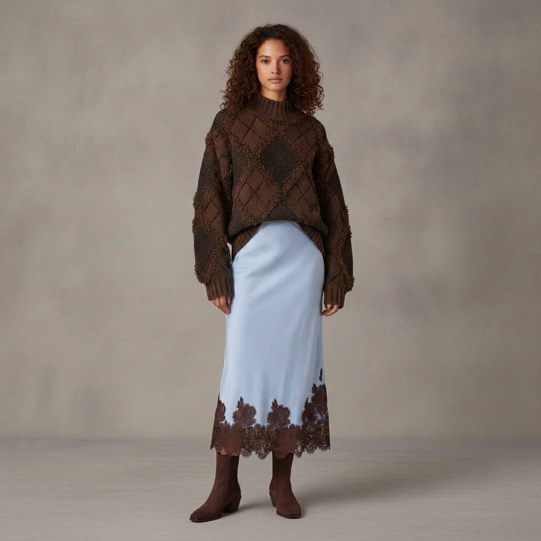 fringed plaid oversized sweater + High-Waisted Crepe Satin Maxi + Heeled Chelsea Boots