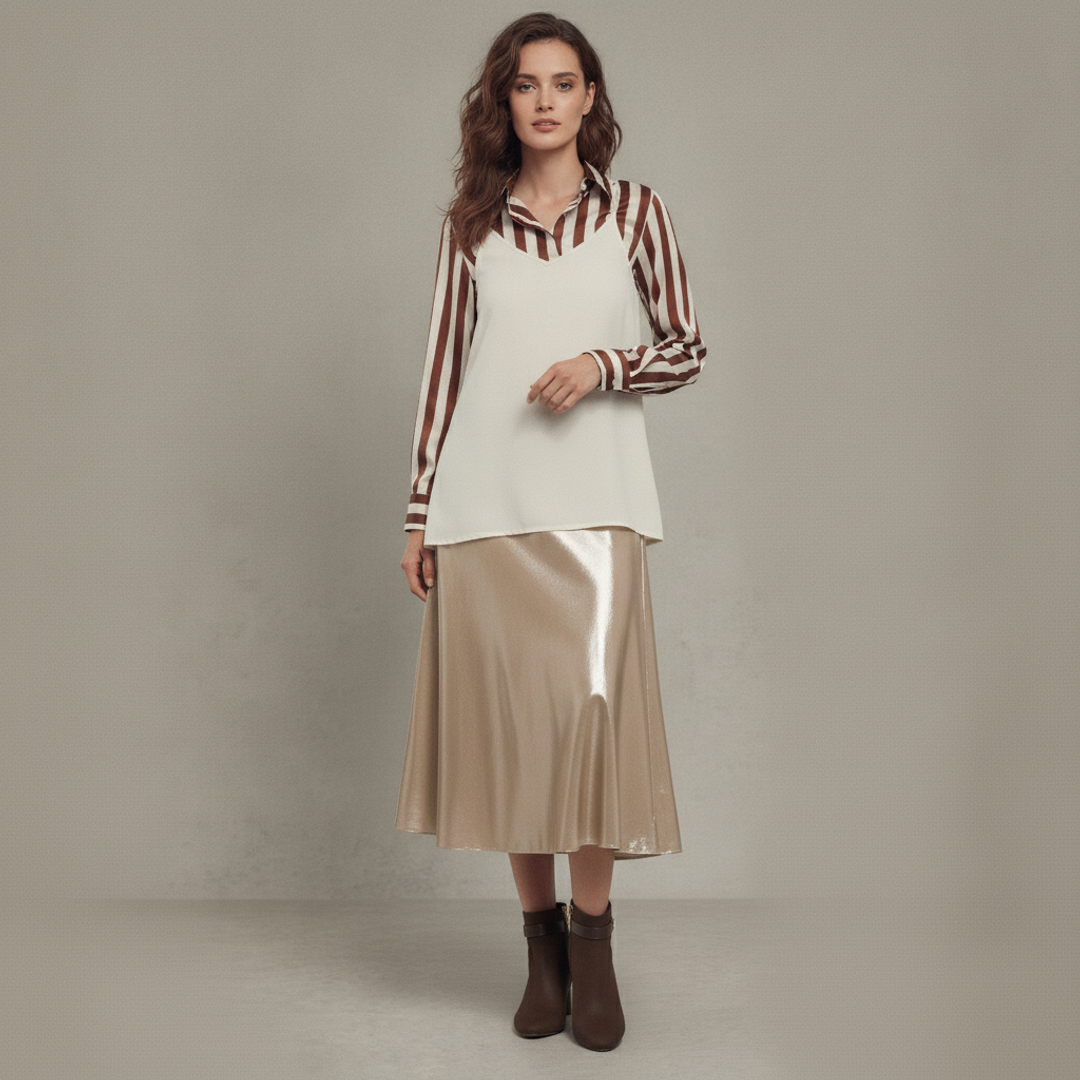 STRIPED SILKY BLOUSE + Peserico Midi Skirt + Herxi