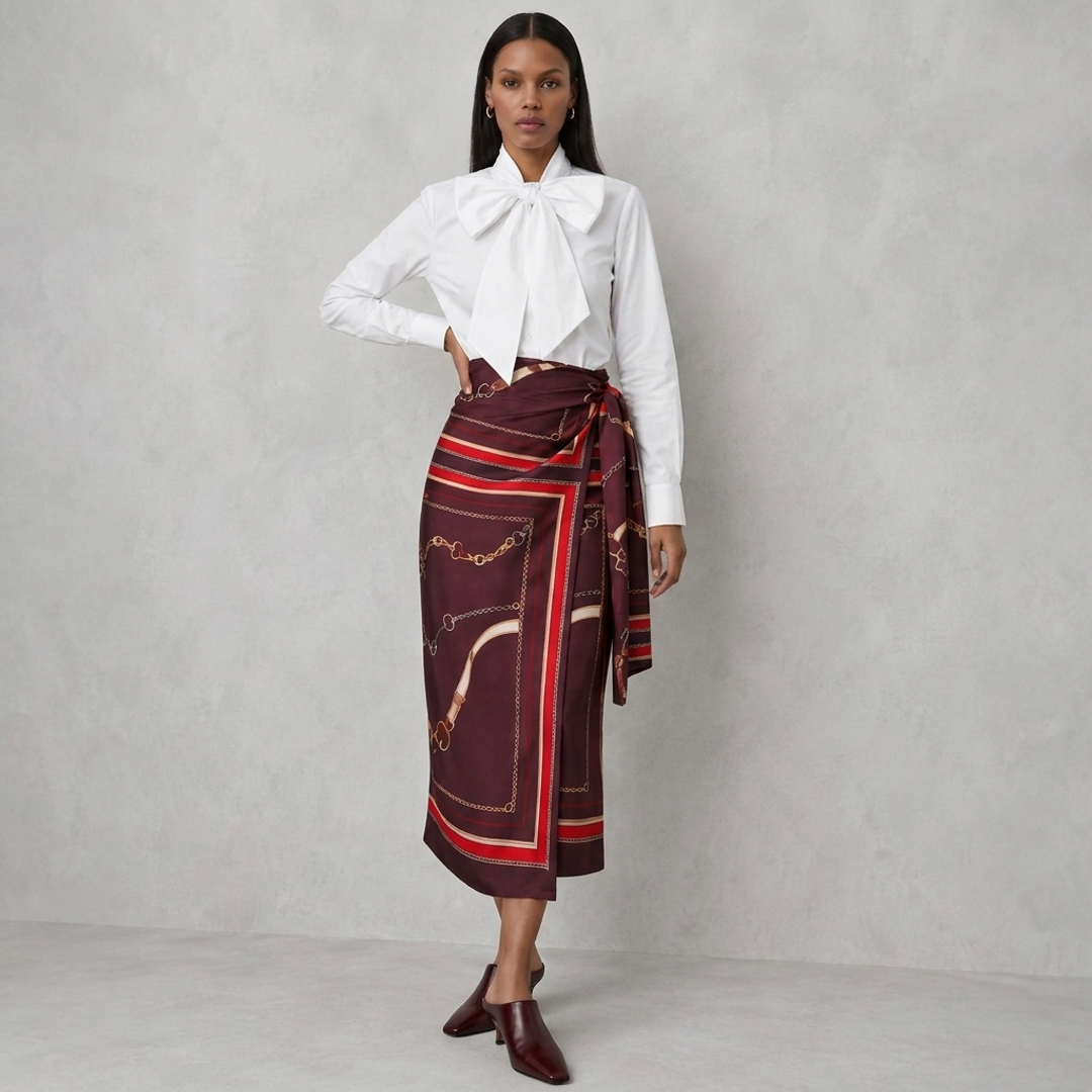 Arno Blouse in White + Horsebit Print Wrap Skirt + Modern Heeled Mules