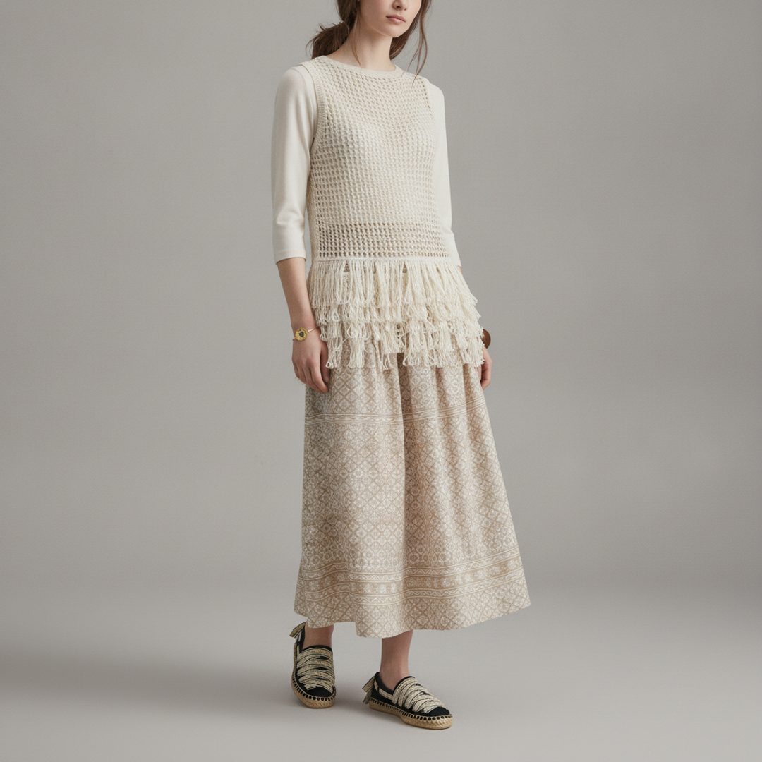 Milumia Fringe Top + Women's Earthshine Ornate Maxi + Tory Ribbon Canvas Espadrille + Heart coin bracelet