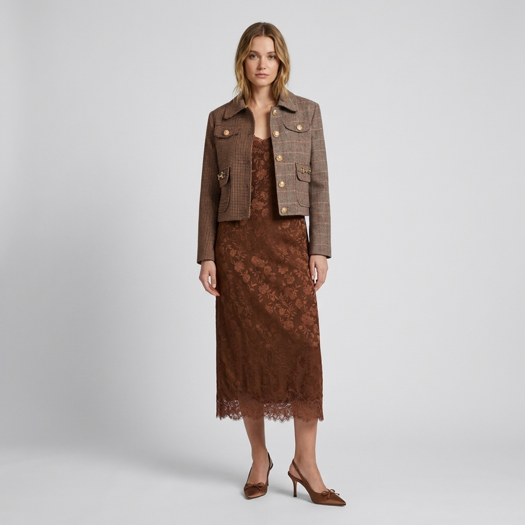 Mixed Media Jacket + Lace-Trimmed Brocade Dress + Mango Bow Detailing Satin