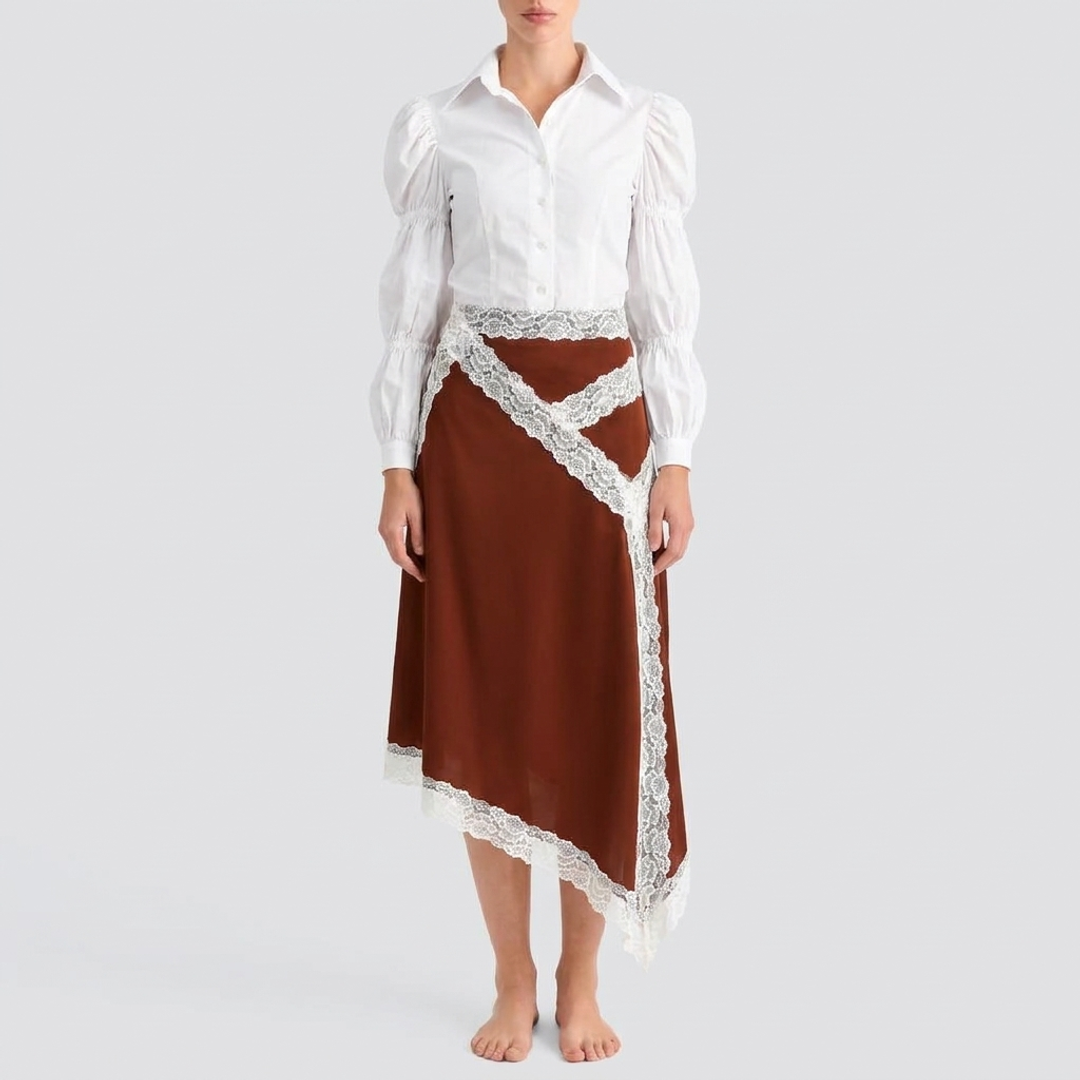 Arrea Blouse - White + Lush Lace Trim Asymmetric