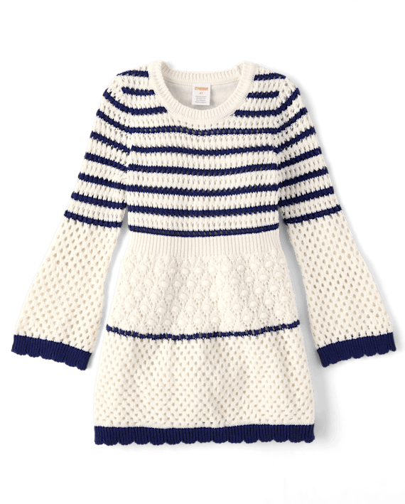Girls Striped Crochet Sweater Dress - Driftwood Bay - White