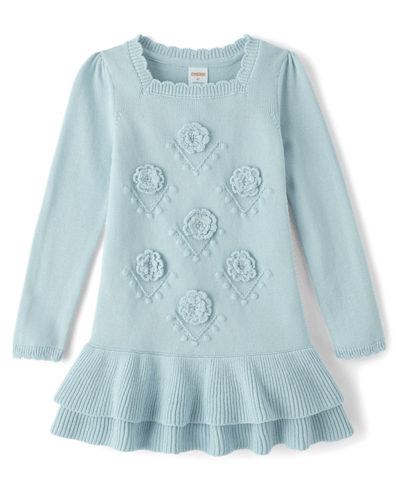 Girls Crochet Floral Drop Waist Tiered Sweater Dress - Driftwood Bay - Blue