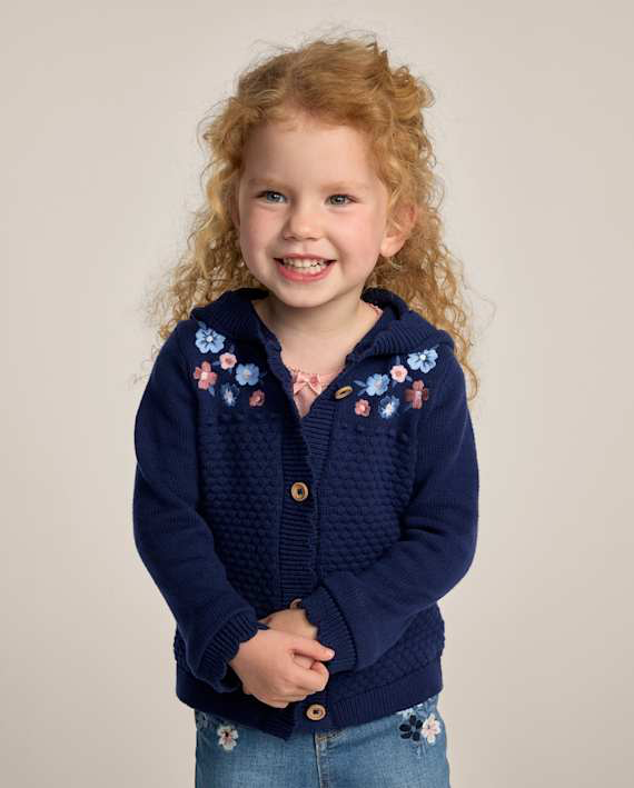 Girls Embroidered Floral Scalloped Cardigan - Blue Sky Mountain - Blue