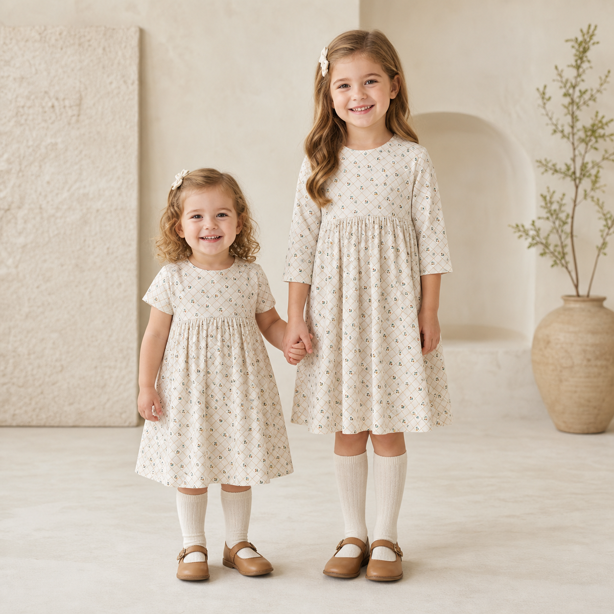 Girls Short-Sleeve Dress — Floral Grid Ivory