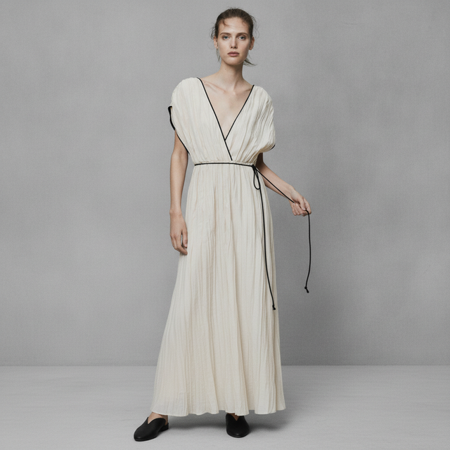 Women's Light beige Crinkled Tie-Detail Dress