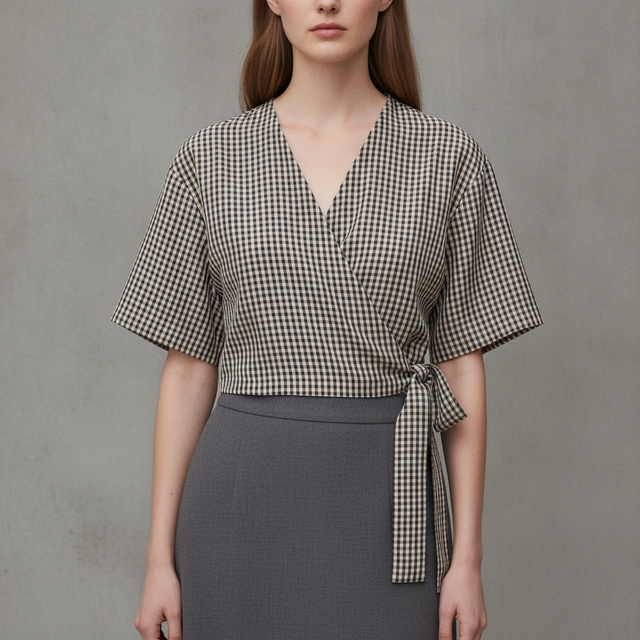 Wrap-Front Blouse - Dark Blue/Checked