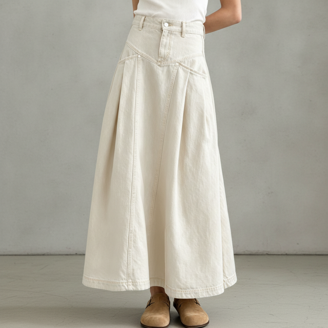 Chartou Denim Pleated Long Maxi Skirt