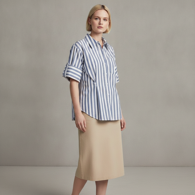 KBB by KAHLANA Women's Short Sleeve' The Hourglass Button-Down Shirt' - Blue Striped 3X