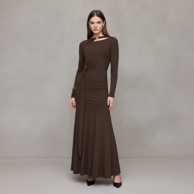 Ruched Twist Metal Detail Draped Maxi Dress