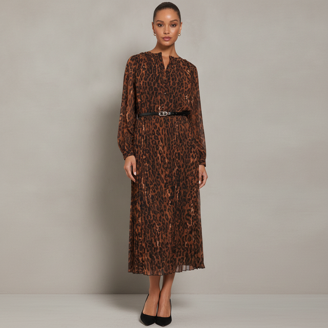 Petite Belted Pleated Skirt Chi Leopard-Print Long-Sleeve Dress
