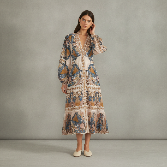 Soft Pink Sea Garden Scarf Pleated Midi Dress