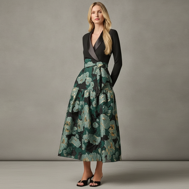 Women's Floral Jacquard V-Neck Dress