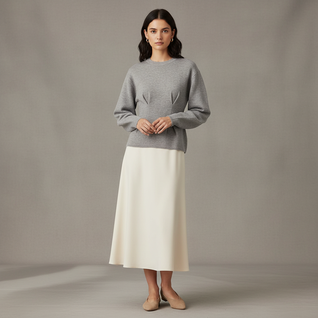 Gina Tricot Long Sleeve Sculpted Crew Neck Knit Peplum Sweater in Mid Gray Melange