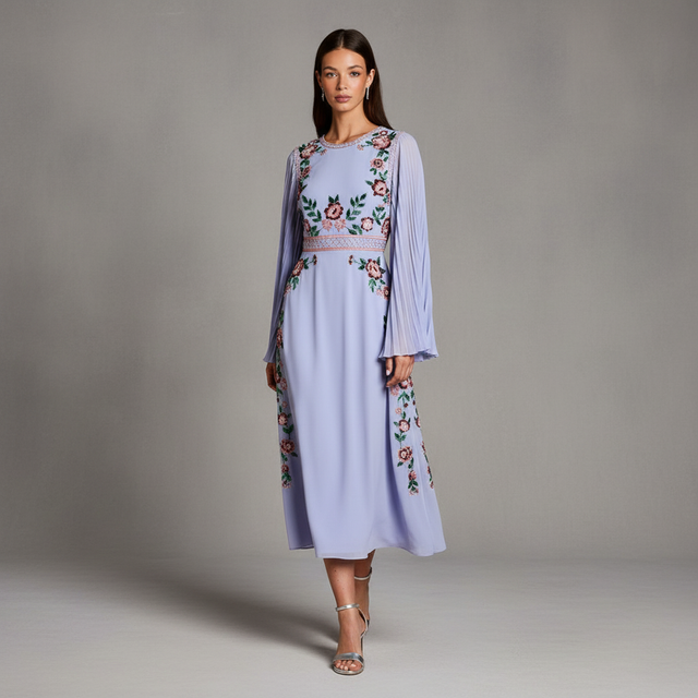 Pleated Sleeve Beaded Floral Midi Dress
