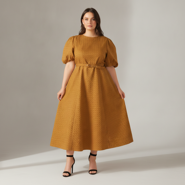 Belted Houndstooth Puff Sleeve Maxi Dress-FLYING TOMATO