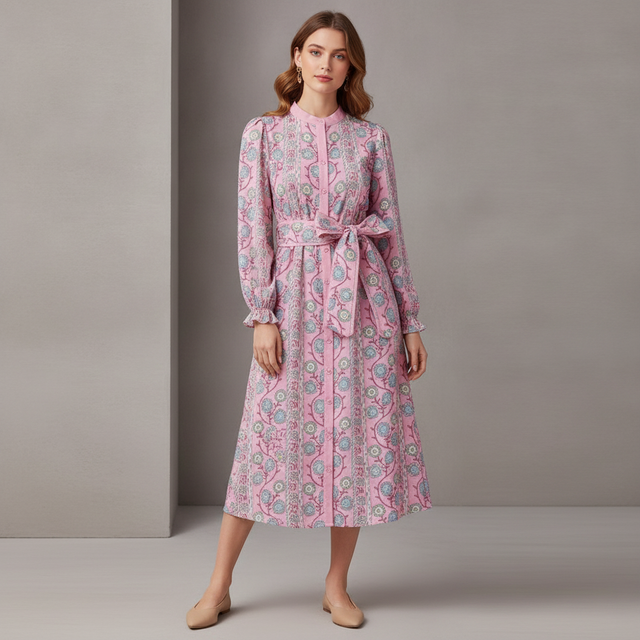LifeShe Floral Long-Sleeve Midi Dress
