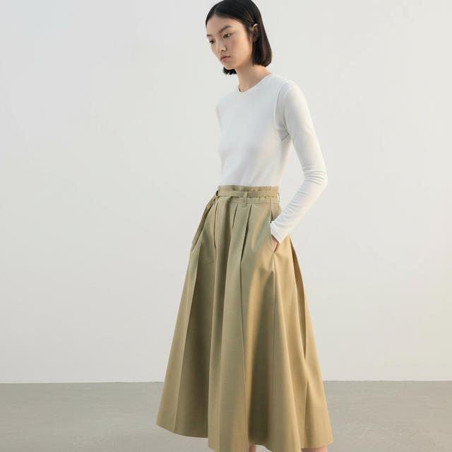 MNGO Flared midi-dress with belt-Pictured with shell - pictured with White Abardsion Long Sleeve Fitted Shell
