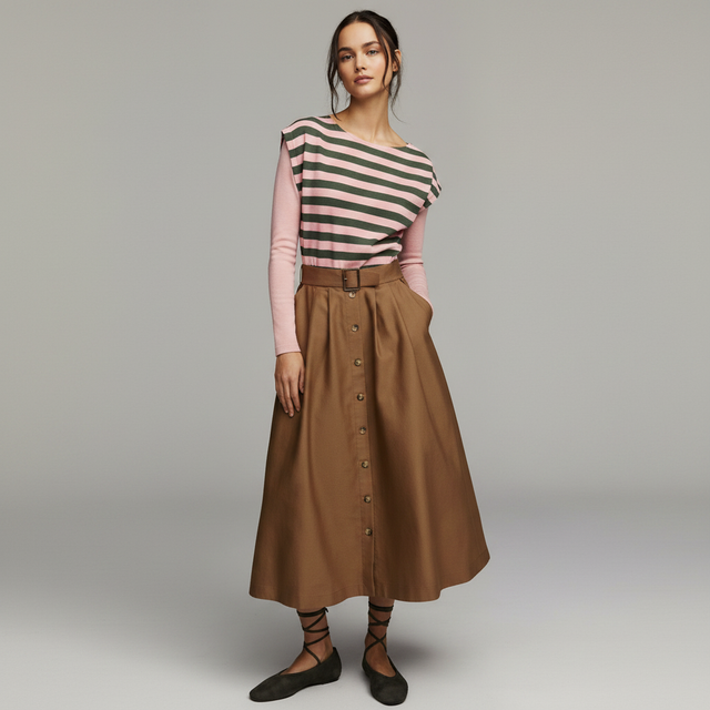 By Anthropologie Sleeveless Twofer A-Line Midi Dress-Pictured with Abardison Long Sleeve Fitted Shell (Amazon) - pictured with Baby Pink Abardsion Long Sleeve Fitted Shell
