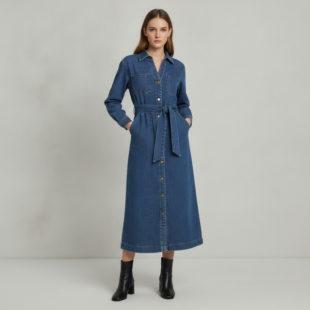 Ballina Tie Waist Long Sleeve Denim Midi Dress