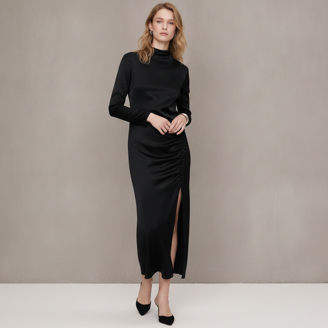 Stretch-Satin Ruched Maxi Dress