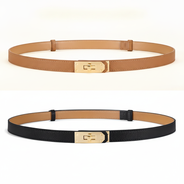 Fianmy Skinny Leather Belt with Gold Buckle