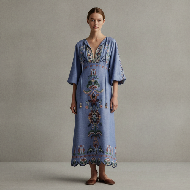 Blue Garden Tapestry Embroidered Long Sleeve Midi Dress