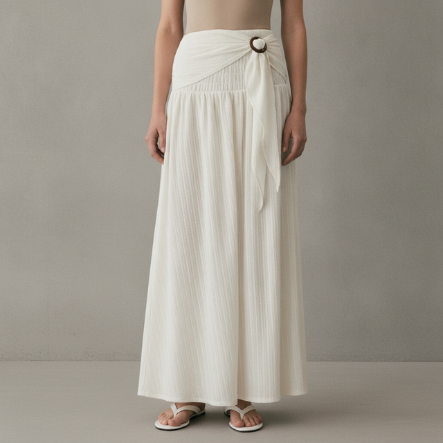 Women's Cream Crinkled Tie-Belt Skirt