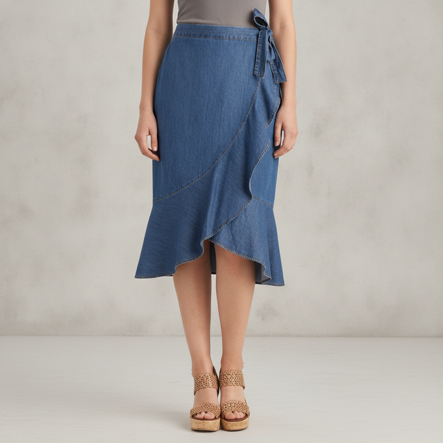 BCXWomen's Denim Tulip Ruffle Midi Skirt