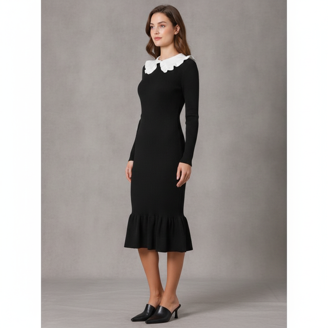 Inspire Black Sleeve Long Midi Knit Collar Party Dress