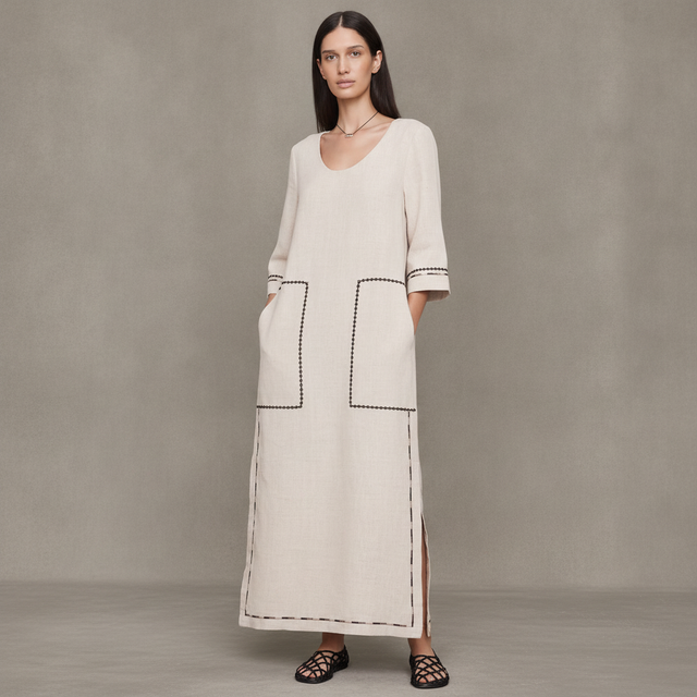 Embroidered Linen Scoop-Neck Maxi Dress