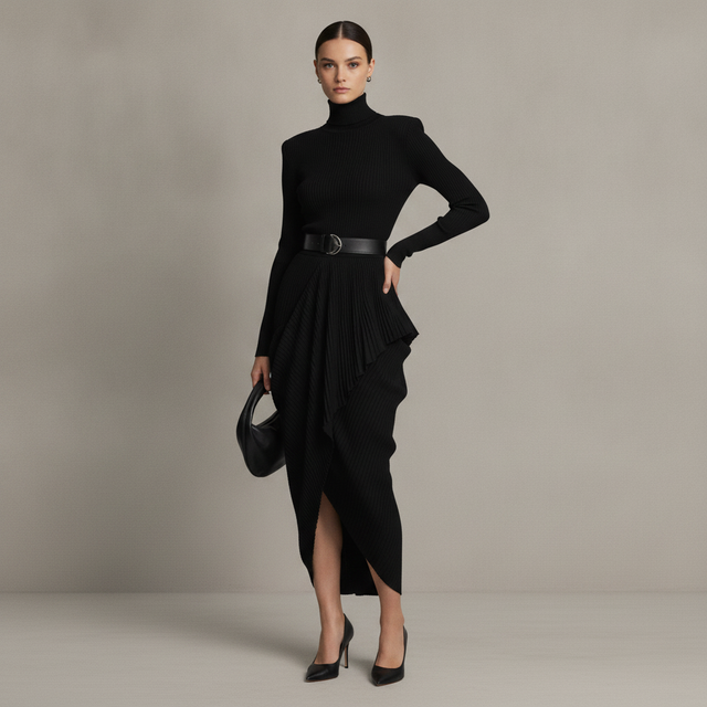 Long Sleeve Turtleneck Waterfall Dress Norma Kamali
