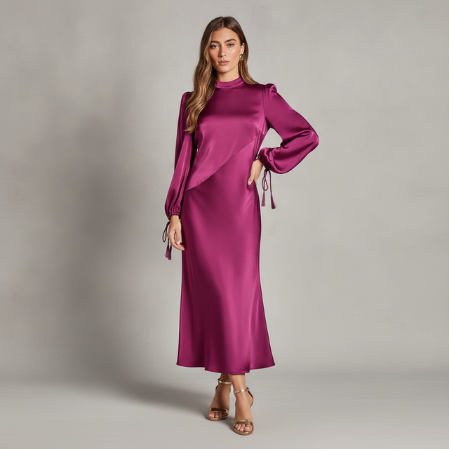 Blouson Sleeve Satin Midi Dress