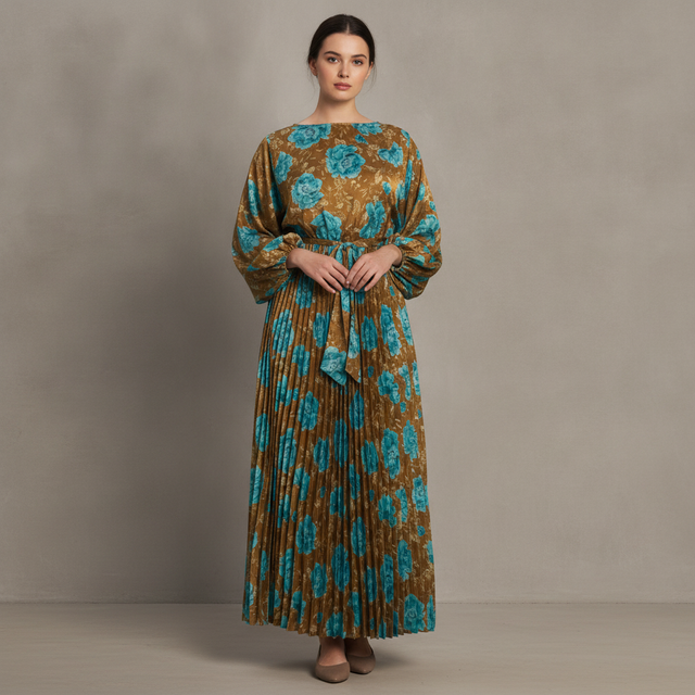 Floral Long Sleeve Pleated Maxi Dress FLYING TOMATO Plus