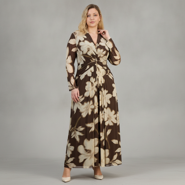 Plus Size Printed Twist-Front Long-Sleeve Mesh Maxi Dress