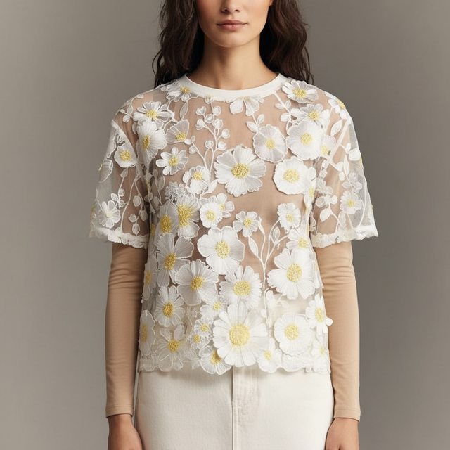 Dolan Left Coast Flower Appliqué Sheer Tee - pictured with Beige Abardsion Long Sleeve Fitted Shell