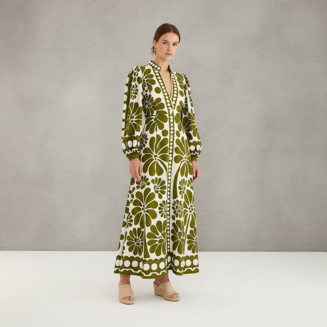 Green Palermo Buttoned Puff Sleeve Maxi Dress