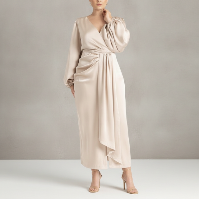 ELOQUII Women's Pleated Satin Puff-Sleeve Maxi Dress - Light Tan