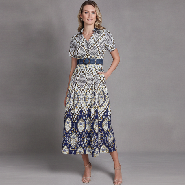 Petite Short-Sleeve Belted Collared Shirt-Dress