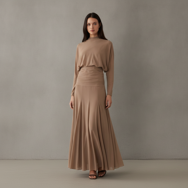 ASOS DESIGN chiffon shirred waist panel godet maxi dress in Taupe
