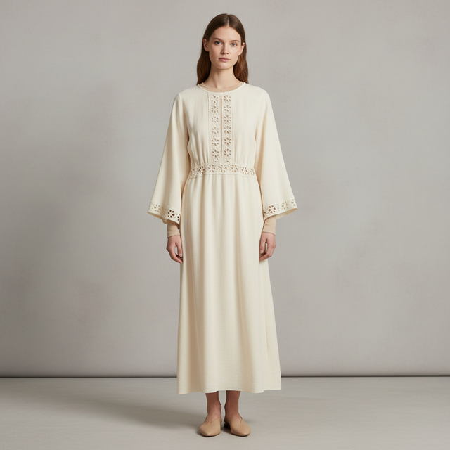 Crochet-look Tunic Dress - pictured with Beige Abardsion Long Sleeve Fitted Shell