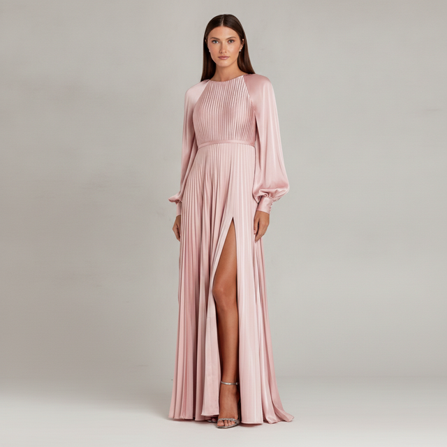 Petite Long Sleeve Pleated High Neck Gown With Slit Dress